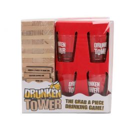 Jenga eMazing, Joc de băut cu turn de lemn, Piese cu provocări și pahare de shot din sticlă incluse, dimensiuni 19 x 7 x 20 cm