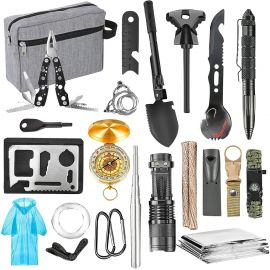 Set Kit de supraviețuire cu echipament multifuncțional eMazing, instrumente profesionale, accesorii pentru rucsac, pentru camping, drumeții, aventuri în aer liber, cu geantă, gri
