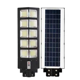 Lampa solara stradala eMazing, cu telecomanda, senzor de miscare si lumina, suport prindere, 225 LED-uri, IP65, ABS, 15AH, 300W, temperatura culoare 6500K, 69.5x24.3x6.8 cm, autonomie 10-12 ore, negru