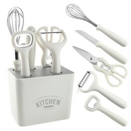 Pachet eMazing de 6 ustensile de bucătărie, include suport, desfăcător de conserve, curățător de legume, foarfecă, cuțit, tel, fabricate din ABS și oțel inoxidabil, în culoare albă