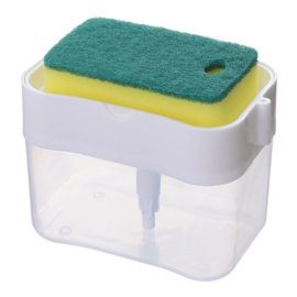 Dispenser 2 în 1 eMazing pentru detergent lichid vase și ustensile sanitare, cu suport pentru burete de bucătărie, capacitate 380 ml, alb, dimensiuni 14 x 10.5 x 10 cm