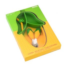 Set diversificare bebelusi eMazing, din silicon, 23.5 x 12.5 cm, 1 farfurie compartimentata in forma de porumb, lingurita si furculita, pai, perie pai, fara alergeni, ventuza fixare, forma creativa, galben