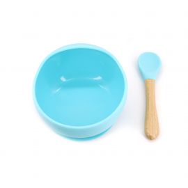 Set 2 piese diversificare bebelusi si copii din silicon eMazing, bol cu ventuza, lingurita din lemn si silicon, pentru gustari