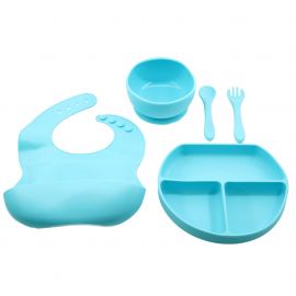 Set 5 piese diversificare bebelusi si copii din silicon eMazing, baveta, farfurie compartimentata cu ventuza, bol cu ventuza, tacamuri, fara alergeni, albastru
